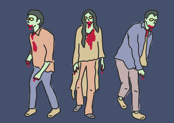 Zombie and Ghost Halloween. hand drawn. line drawing. vector illustration.