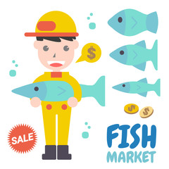 Fish Market, Flat Design Elements. Vector Illustration.
