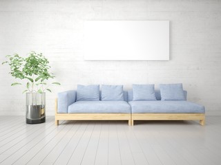 Mock up a bright living room with an unusual sofa on a trendy background.