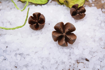 Healthy herbal salt with flowers, sea salt.