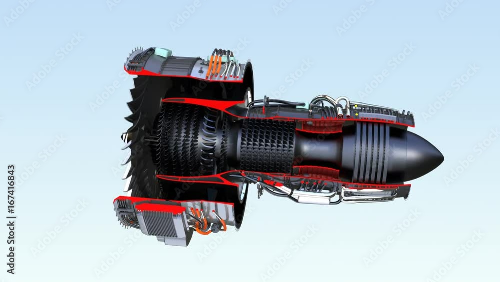 Poster cross section of turbofan jet engine with alpha channel. 3d rendering animation.