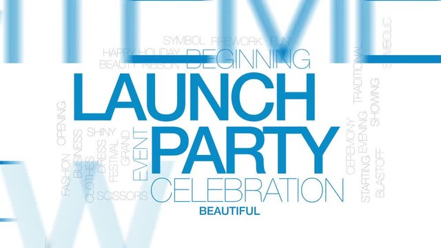 Launch party animated word cloud, text design animation. Kinetic typography.