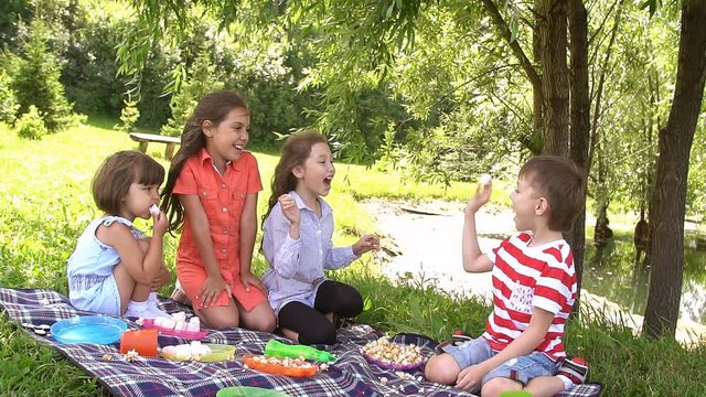 Picnic outdoors on a summer day. Slow motion