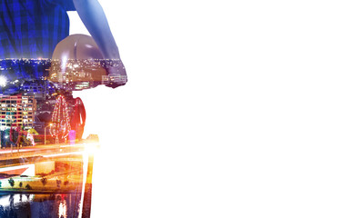 Engineer woman and cityscape. Mixed media