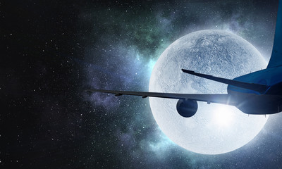 Airliner in sky. Mixed media