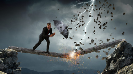 Businessman with black umbrella. Mixed media