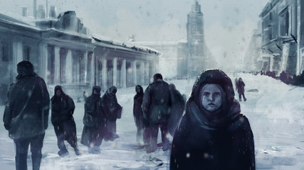 Illustration of a starving child on a front and people walking on winter streets of Leningrad siege during The Great Patriotic War. - obrazy, fototapety, plakaty