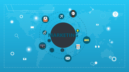 Obraz premium Vector creative illustration of marketing , tag cloud on blue background. Marketing technology concept. Thin line art style design for promotion, social media