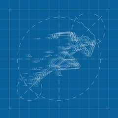 Vector blueprint running man in polygon style on engineer and architect background .