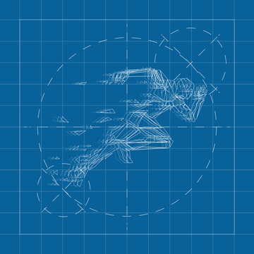 Vector blueprint running man in polygon style on engineer and architect background .