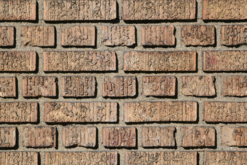 Rough Brown Bricks protruding from wall; wide gray mortar
