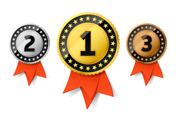 Champions gold, silver and bronze award medals with red ribbon. First, second and third places awards