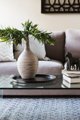 Close up of decor items on a living room coffee table