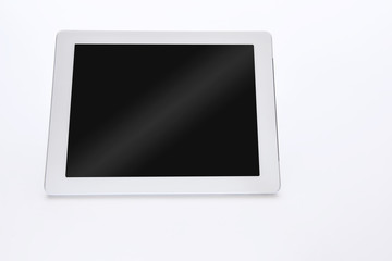 Perspective of white computer tablet isolated on white background, input text idea