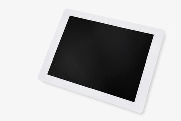 Perspective of white computer tablet isolated on white background, input text idea