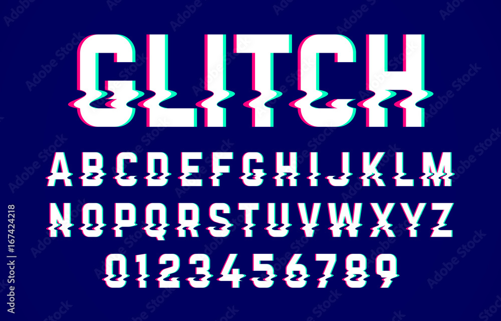 Poster trendy style distorted glitch typeface. letters and numbers