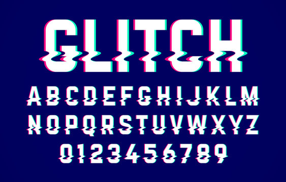 Trendy style distorted glitch typeface. Letters and numbers 