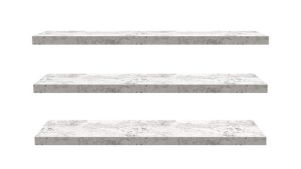 Empty white marble shelves isolated on white background. 3D rendering.
