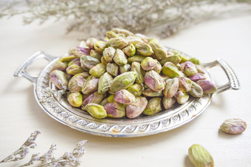 Pistachio nuts in a a tray