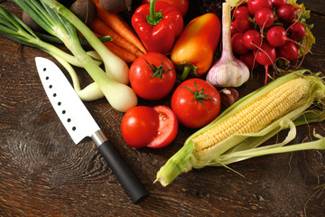 Fresh vegetables on a wooden table. Healthy food. Diet