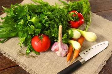 Fresh vegetables on a wooden table. Healthy food. Diet