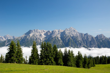 Austrian alps salzburg leogang. Blue sky morning fog beautiful scenery austrian alps in summer