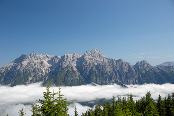 Austrian alps salzburg leogang. Blue sky morning fog beautiful scenery austrian alps in summer