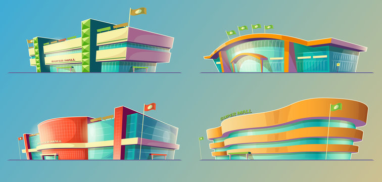 Set of vector cartoon illustrations, various supermarket buildings, shops in an orthagonal projection. Icons of modern large malls, stores. Print, template, design element