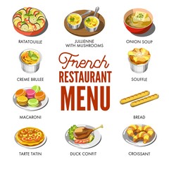 French restaurant menu with traditional national tasty food