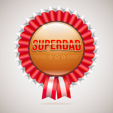 Super dad badge with ribbon on white background. Glossy inscription Super dad on the badge. can use for farther day card. 3D illustration