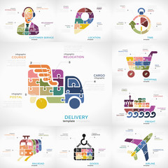 Delivery infographic collection pack with Customer Service, Location, Time, Shopping, Freight, Railroad, Goods and Airline puzzle illustrations
