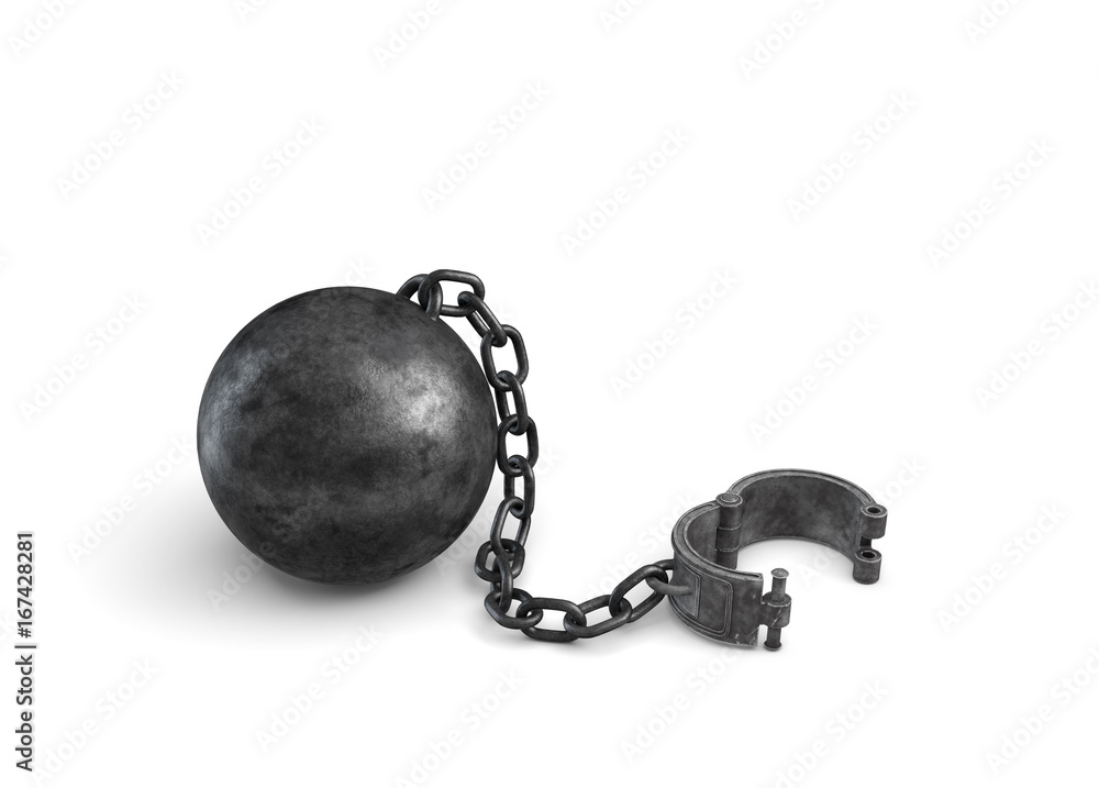 Poster 3d rendering of a large black ball and chain connected to an open cuff lying on white background.