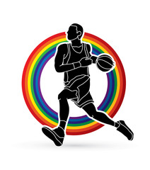 Basketball player running designed on rainbows graphic vector