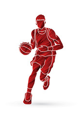 Basketball player running front view designed using red grunge brush graphic vector