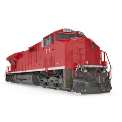 Modern red locomotive isolated on white. 3D illustration, clipping path