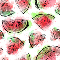 Fototapeta premium Seamless watercolor pattern with watermelon. Vector background