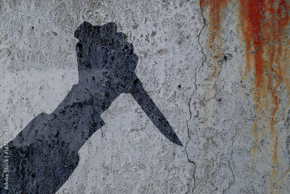 Wall mural silhouette of human hand with killing knife on bloody wall background. illustration for criminal chr