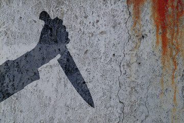 Silhouette  hand with killing kitchen knife on bloody wall background. Illustration for criminal...