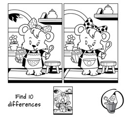 Obraz premium Little bear girl in apron with a barrel of honey and a spoon. Find 10 differences. Educational game for children. Black and white cartoon vector illustration