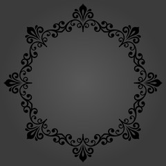 Oriental dark round frame with arabesques and floral elements. Floral fine border with vintage pattern. Greeting card with place for text