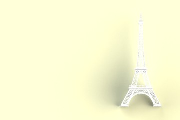 Fototapeta na wymiar White eiffel tower on yellow background, 3D rendering