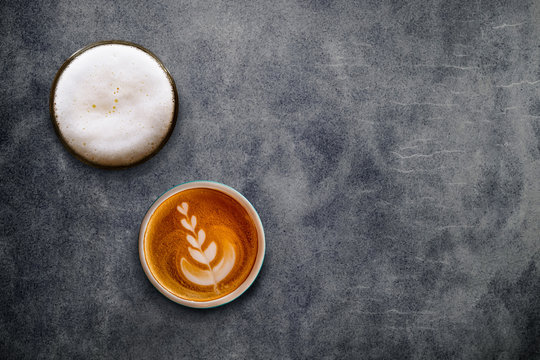 Beer and Coffee on blank Cement background, Top view, Different Personalities taste of People Concept
