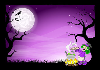 Hexe kocht einen Zaubertrank im Kessel 