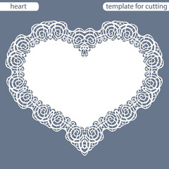 Greeting card with openwork border, paper doily under the cake, template for cutting in the form of heart, valentine card,  wedding invitation, decorative plate is laser cut,  vector illustrations.