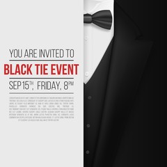 Illustration of Realistic Vector Black Suit. Black Tie Event Invitation Template. Vector Mens Suit with Bow Tie