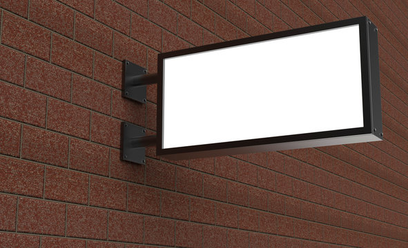 Backlit signage board, led glow advertising board, vinyl company sign on brick wall.