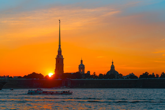 Orange sunset over Peter and Paul Fortress