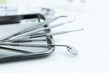 Selective focus Set of dental tools for teech care .