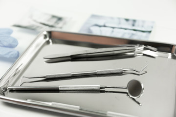 Selective focus Set of dental tools for teech care .