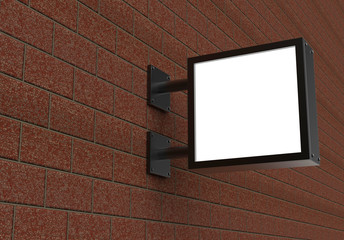 Backlit square signage board, led glow advertising board, vinyl company sign on brick wall.